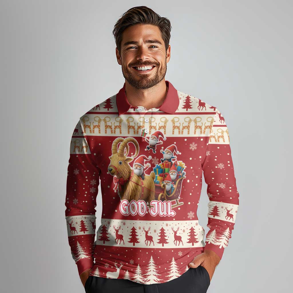 Sweden Christmas Long Sleeve Polo Shirt God Jul Nordic Julbock - Wonder Print Shop