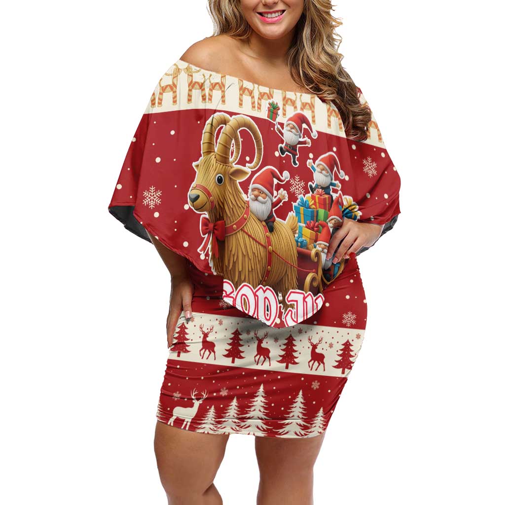 Sweden Christmas Off Shoulder Short Dress God Jul Nordic Julbock - Wonder Print Shop