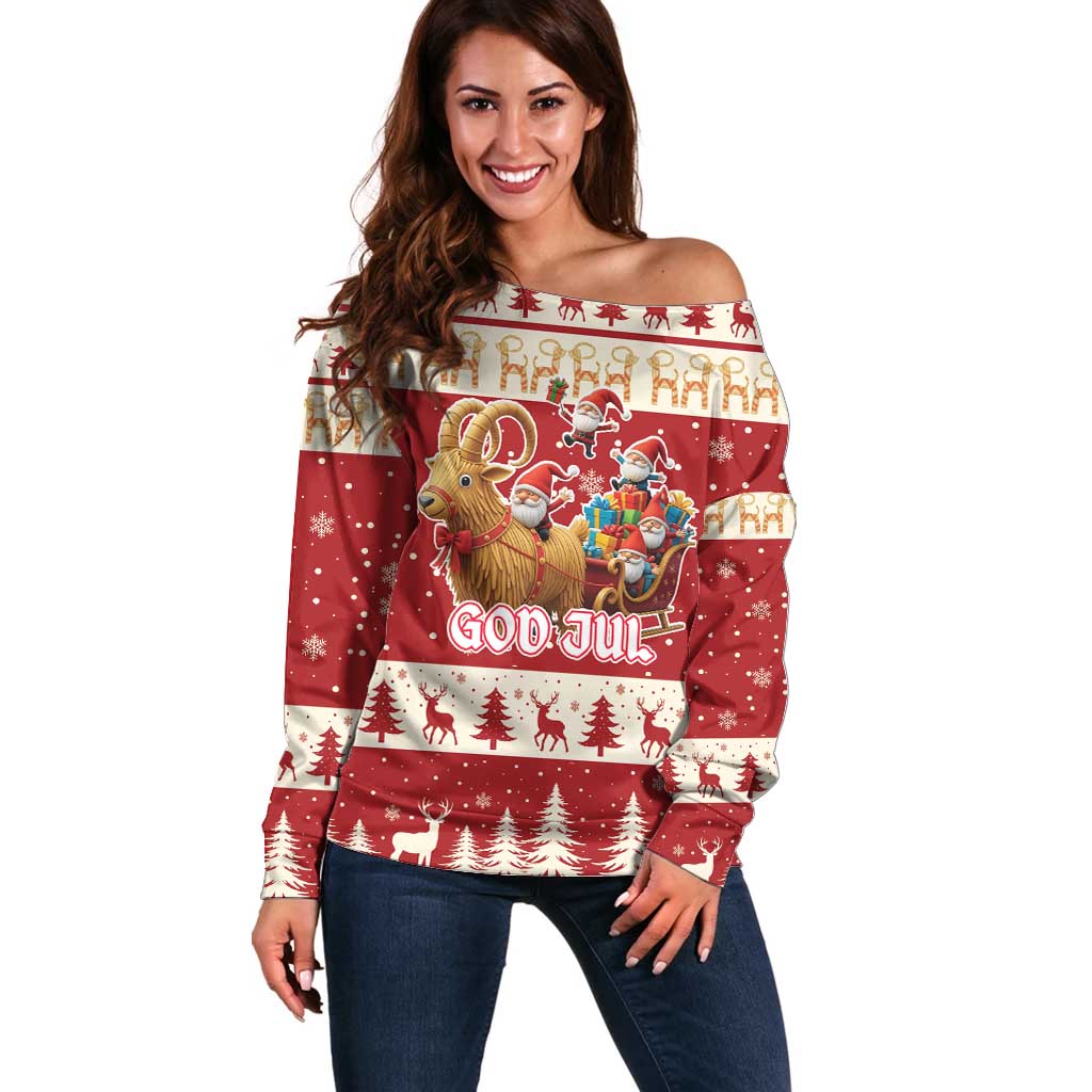 Sweden Christmas Off Shoulder Sweater God Jul Nordic Julbock - Wonder Print Shop