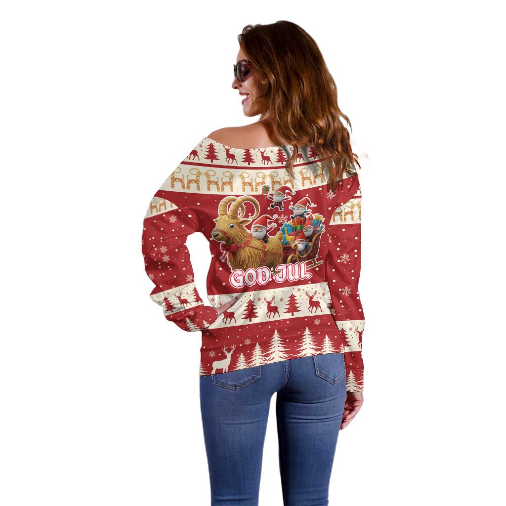 Sweden Christmas Off Shoulder Sweater God Jul Nordic Julbock - Wonder Print Shop