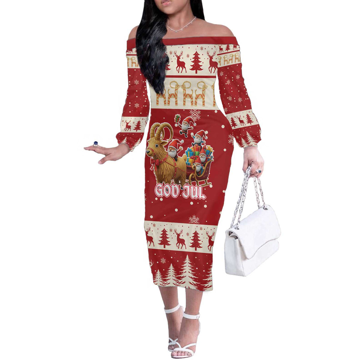 Sweden Christmas Off The Shoulder Long Sleeve Dress God Jul Nordic Julbock - Wonder Print Shop