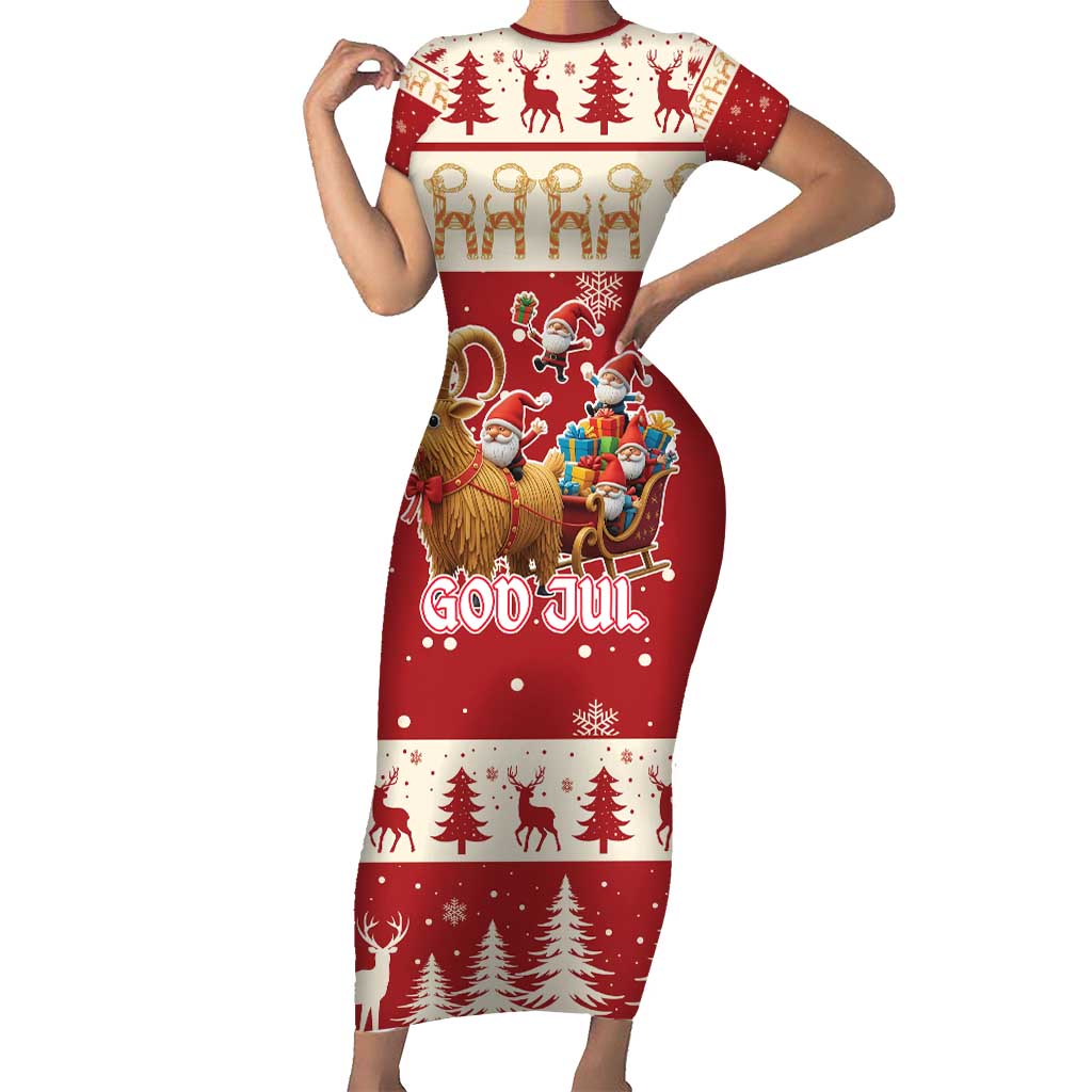 Sweden Christmas Short Sleeve Bodycon Dress God Jul Nordic Julbock - Wonder Print Shop