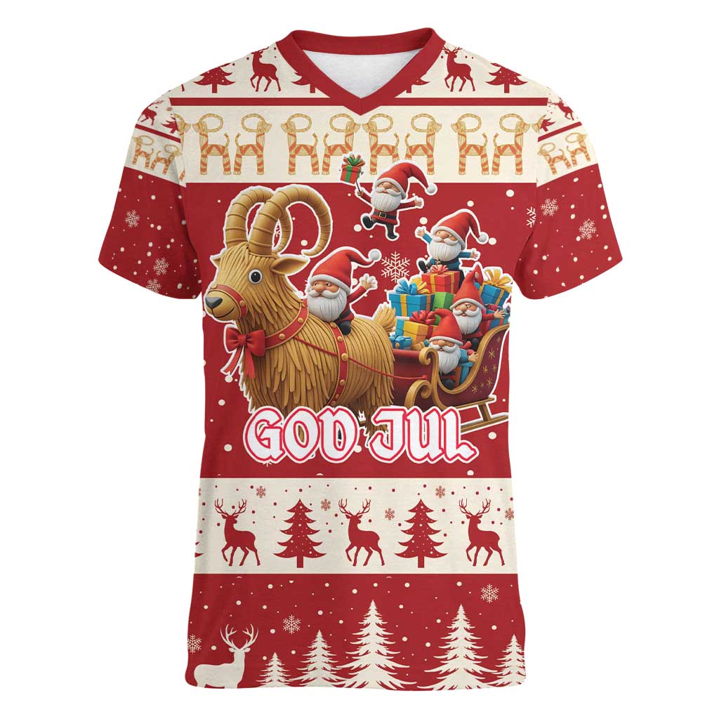 Sweden Christmas Women V-Neck T-Shirt God Jul Nordic Julbock - Wonder Print Shop