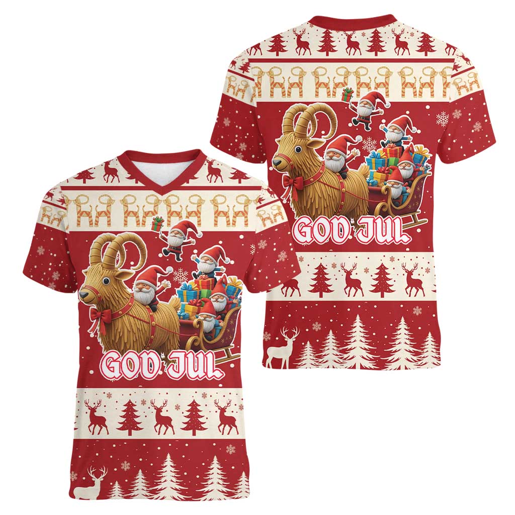 Sweden Christmas Women V-Neck T-Shirt God Jul Nordic Julbock - Wonder Print Shop