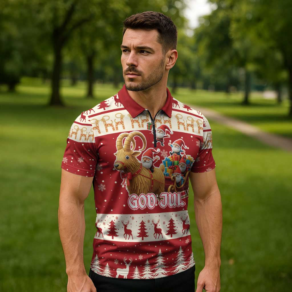 Sweden Christmas Zipper Polo Shirt God Jul Nordic Julbock - Wonder Print Shop