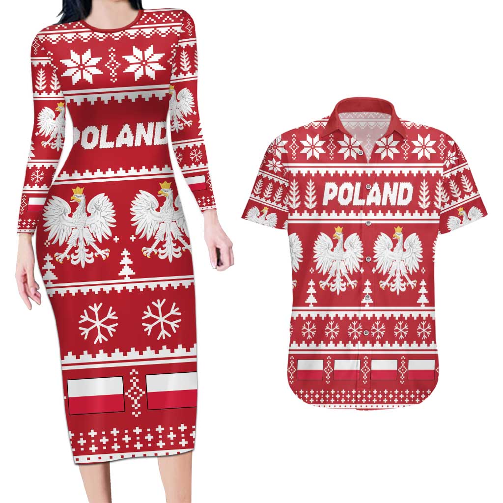 Poland Christmas Couples Matching Long Sleeve Bodycon Dress and Hawaiian Shirt Emblem With Flag Style - Wonder Print Shop
