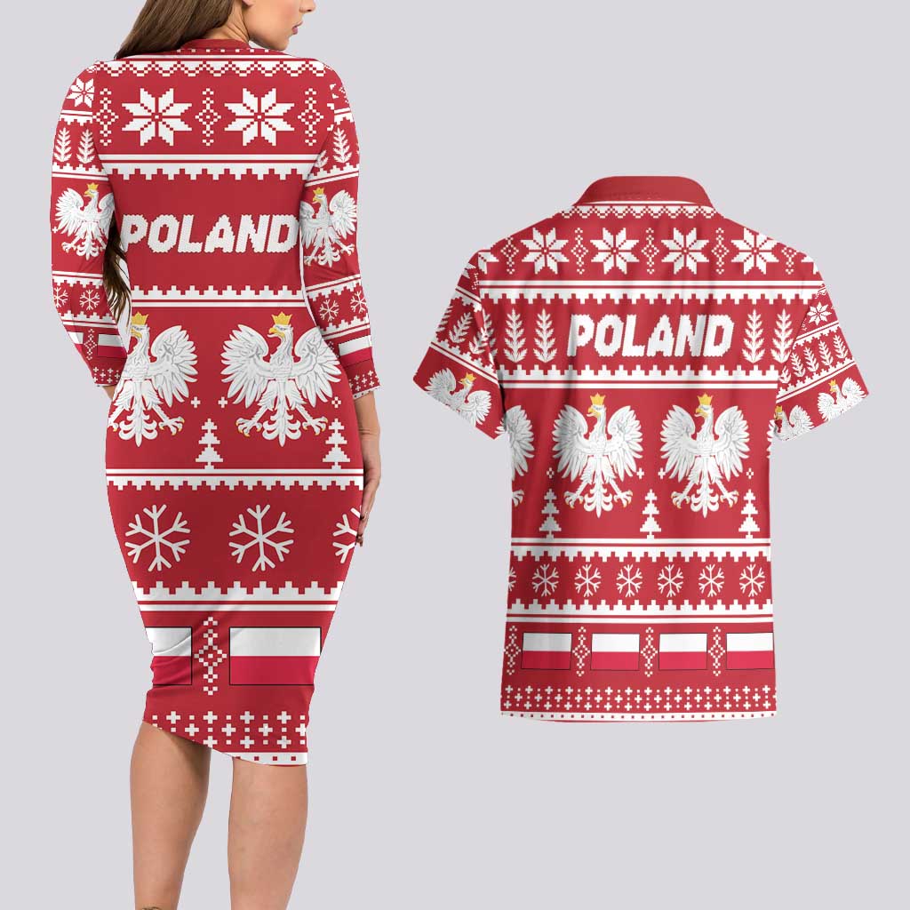 Poland Christmas Couples Matching Long Sleeve Bodycon Dress and Hawaiian Shirt Emblem With Flag Style - Wonder Print Shop