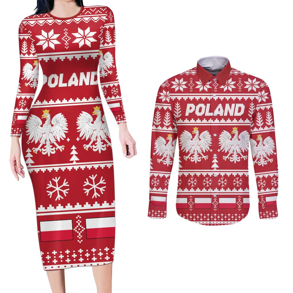 Poland Christmas Couples Matching Long Sleeve Bodycon Dress and Long Sleeve Button Shirt Emblem With Flag Style - Wonder Print Shop