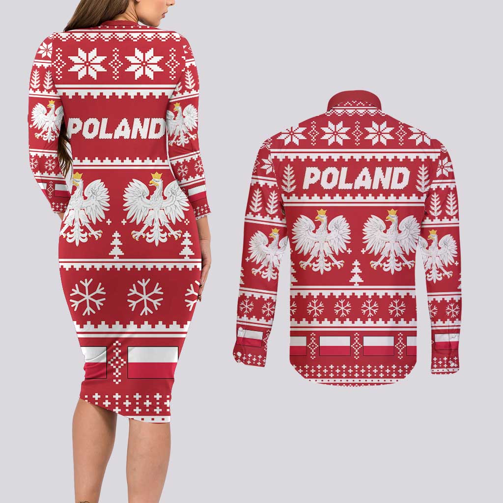 Poland Christmas Couples Matching Long Sleeve Bodycon Dress and Long Sleeve Button Shirt Emblem With Flag Style - Wonder Print Shop