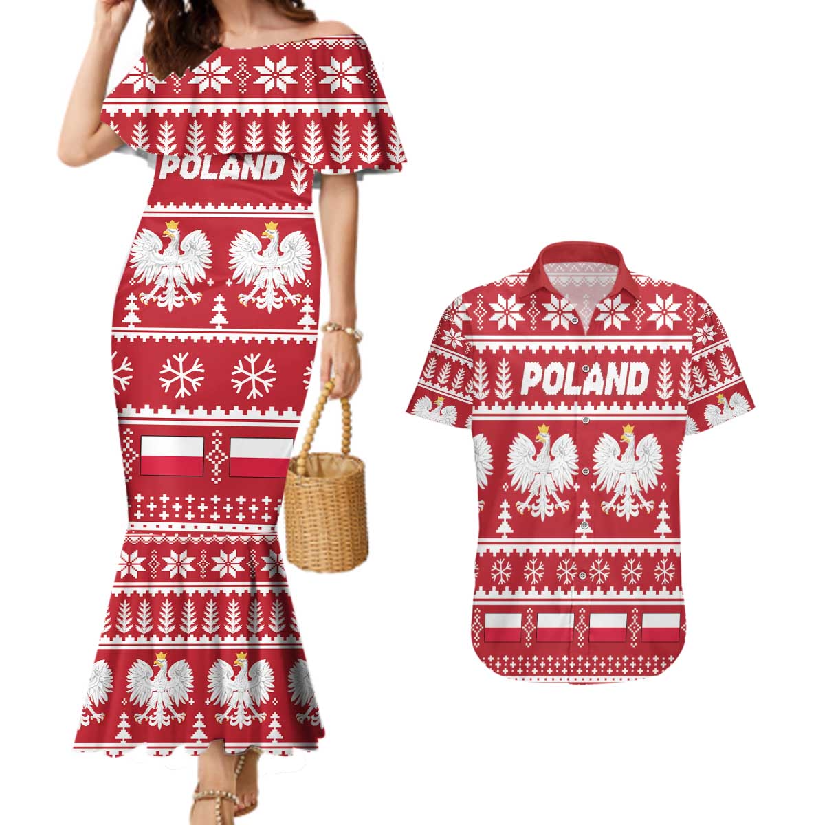 Poland Christmas Couples Matching Mermaid Dress and Hawaiian Shirt Emblem With Flag Style - Wonder Print Shop