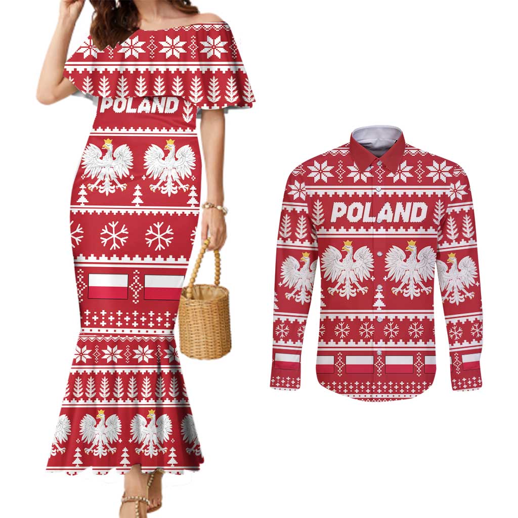 Poland Christmas Couples Matching Mermaid Dress and Long Sleeve Button Shirt Emblem With Flag Style - Wonder Print Shop