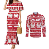 Poland Christmas Couples Matching Mermaid Dress and Long Sleeve Button Shirt Emblem With Flag Style - Wonder Print Shop