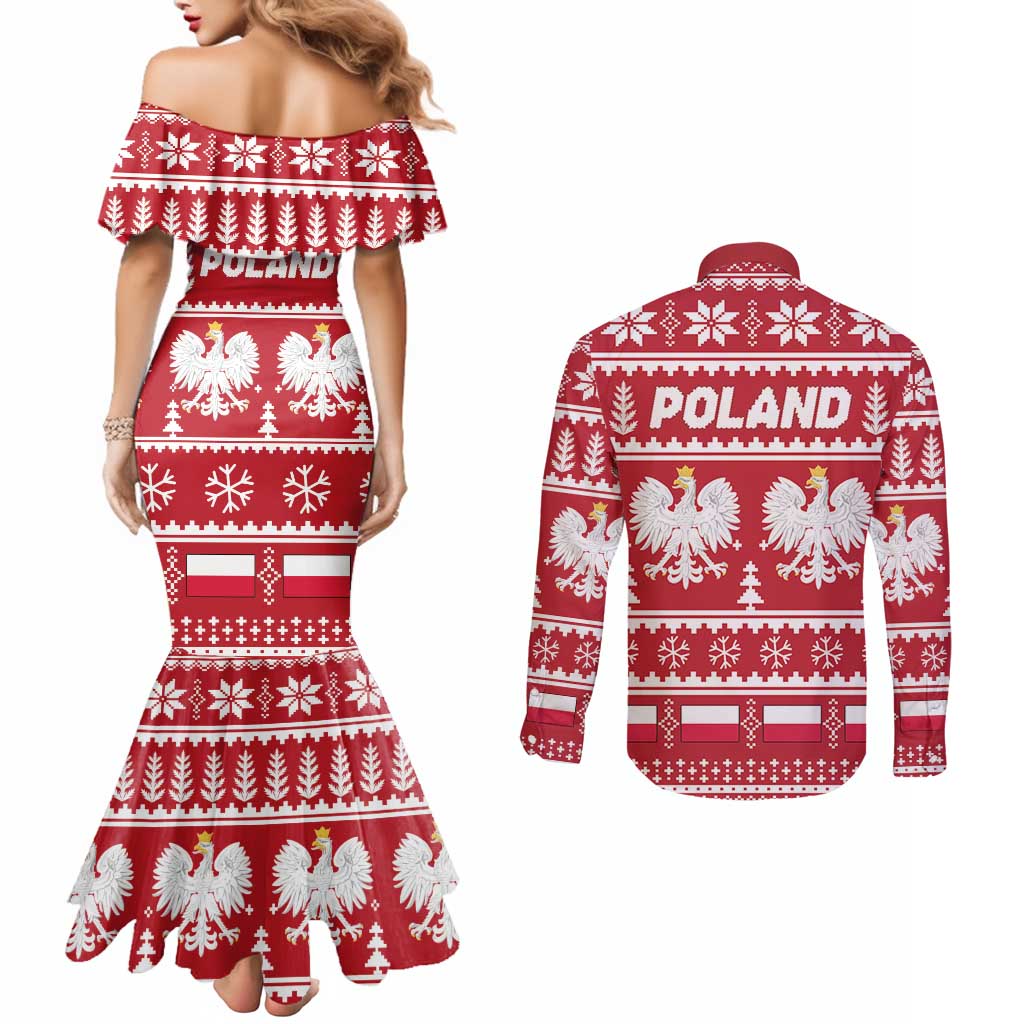 Poland Christmas Couples Matching Mermaid Dress and Long Sleeve Button Shirt Emblem With Flag Style - Wonder Print Shop