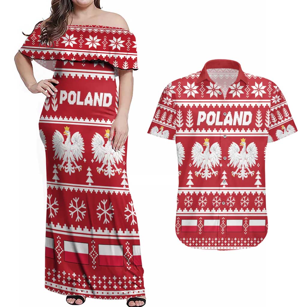 Poland Christmas Couples Matching Off Shoulder Maxi Dress and Hawaiian Shirt Emblem With Flag Style - Wonder Print Shop