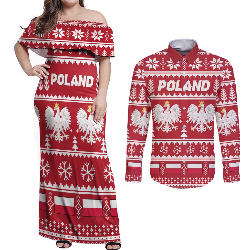 Poland Christmas Couples Matching Off Shoulder Maxi Dress and Long Sleeve Button Shirt Emblem With Flag Style - Wonder Print Shop
