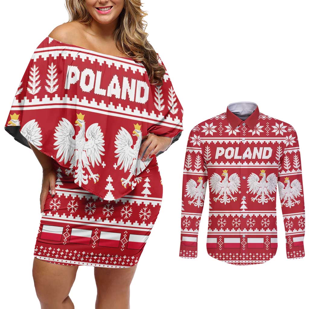 Poland Christmas Couples Matching Off Shoulder Short Dress and Long Sleeve Button Shirt Emblem With Flag Style - Wonder Print Shop