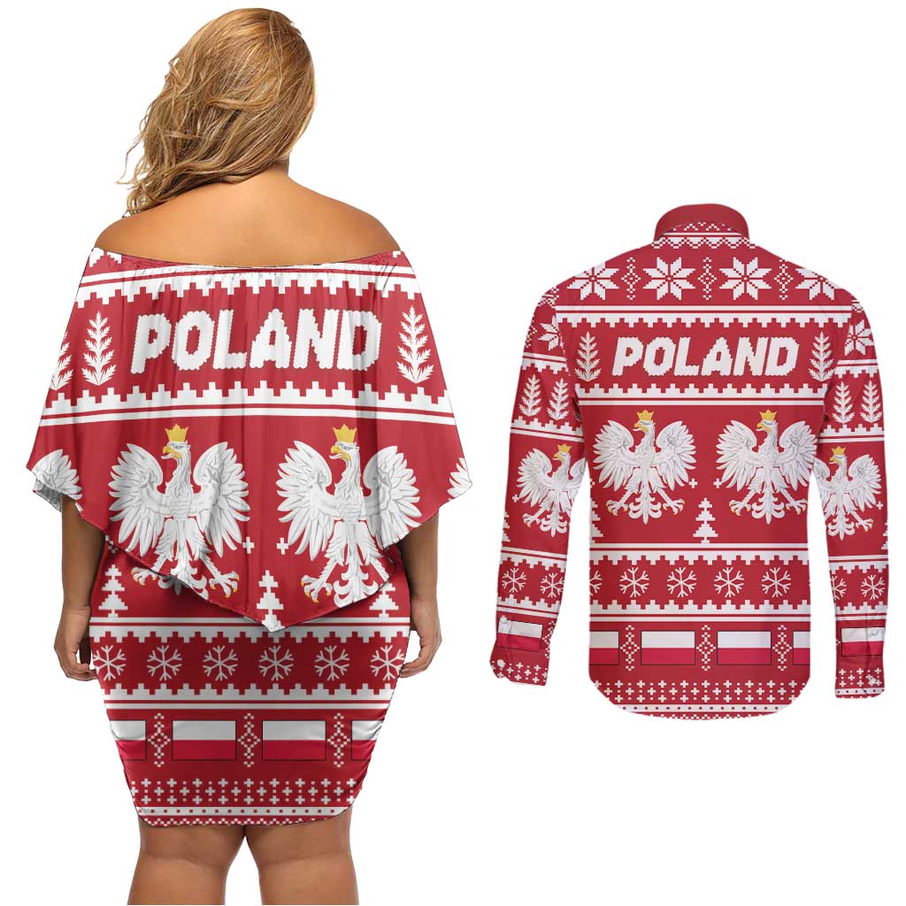 Poland Christmas Couples Matching Off Shoulder Short Dress and Long Sleeve Button Shirt Emblem With Flag Style - Wonder Print Shop