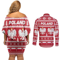 Poland Christmas Couples Matching Off Shoulder Short Dress and Long Sleeve Button Shirt Emblem With Flag Style - Wonder Print Shop