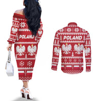 Poland Christmas Couples Matching Off The Shoulder Long Sleeve Dress and Long Sleeve Button Shirt Emblem With Flag Style - Wonder Print Shop