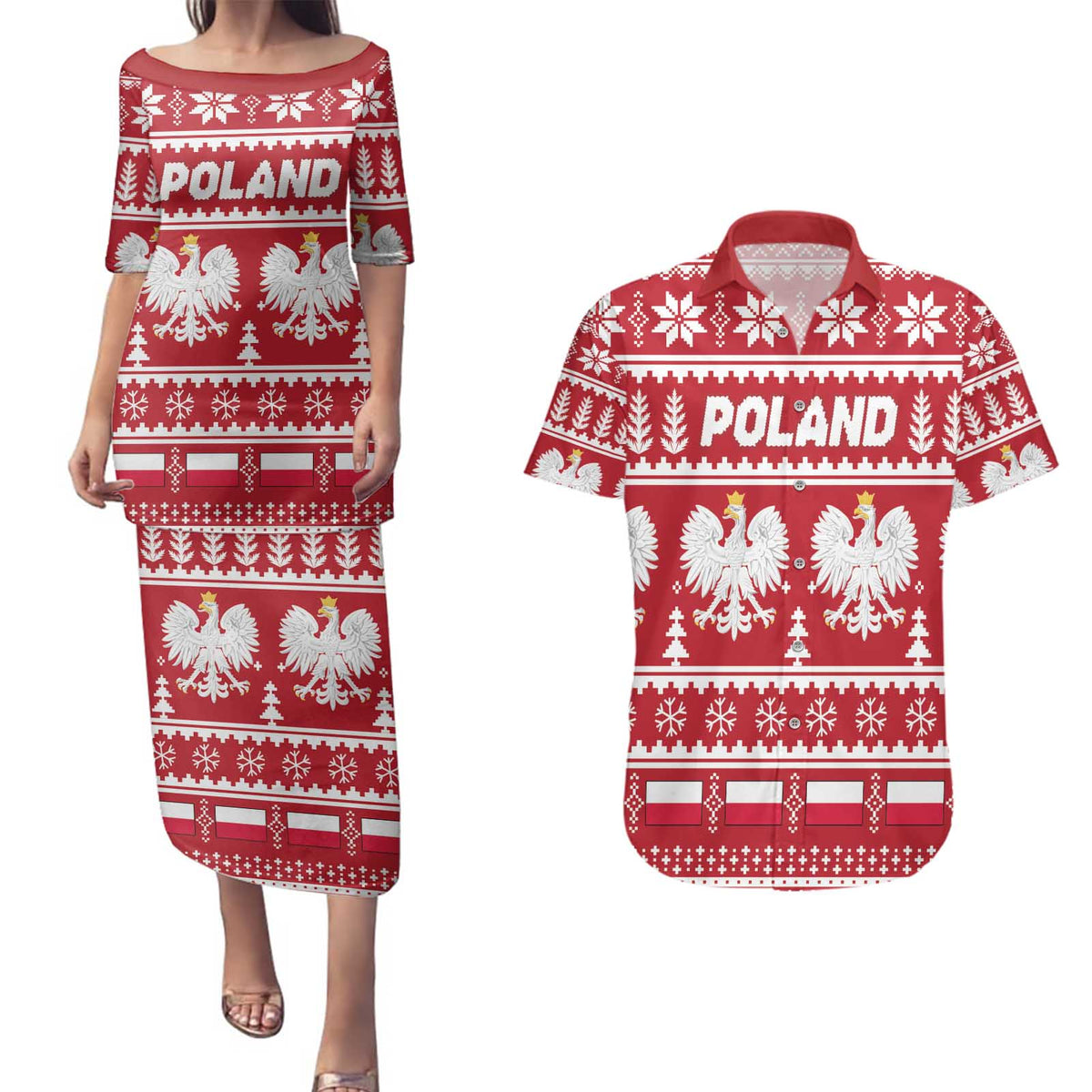 Poland Christmas Couples Matching Puletasi and Hawaiian Shirt Emblem With Flag Style - Wonder Print Shop
