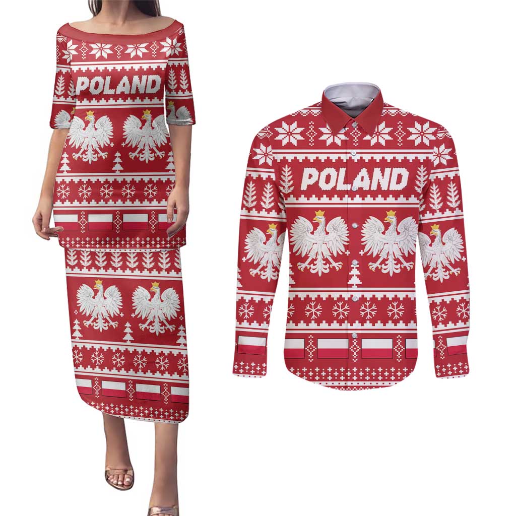 Poland Christmas Couples Matching Puletasi and Long Sleeve Button Shirt Emblem With Flag Style - Wonder Print Shop