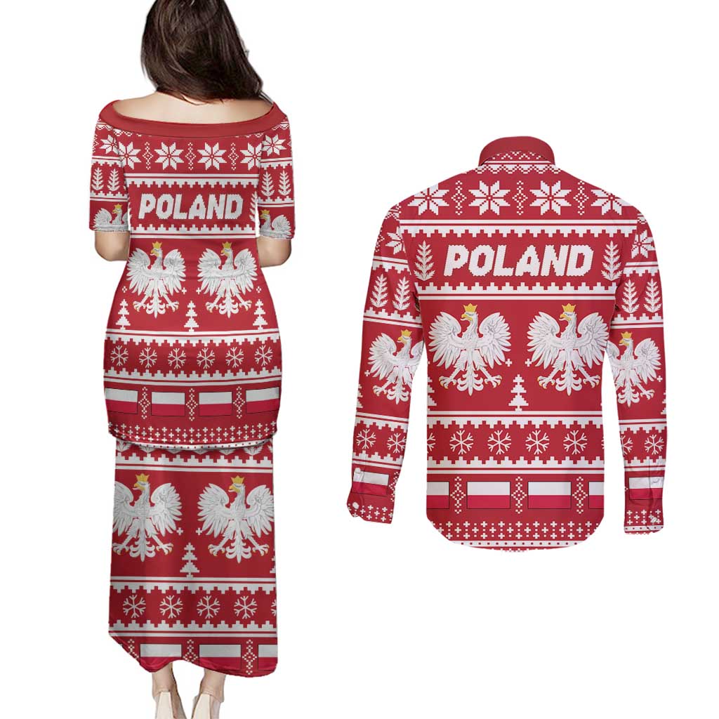 Poland Christmas Couples Matching Puletasi and Long Sleeve Button Shirt Emblem With Flag Style - Wonder Print Shop