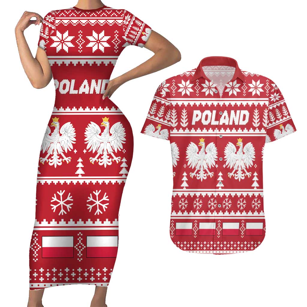 Poland Christmas Couples Matching Short Sleeve Bodycon Dress and Hawaiian Shirt Emblem With Flag Style - Wonder Print Shop