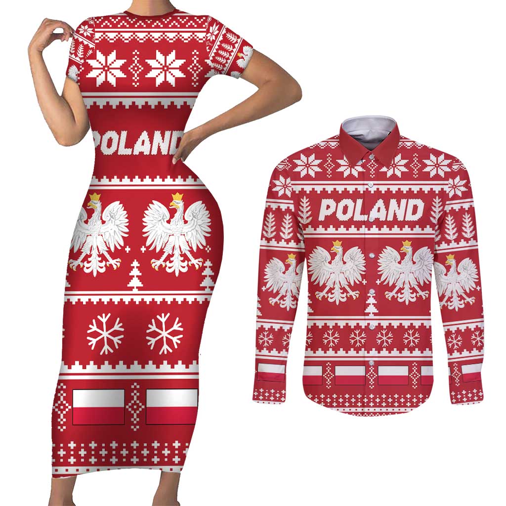 Poland Christmas Couples Matching Short Sleeve Bodycon Dress and Long Sleeve Button Shirt Emblem With Flag Style - Wonder Print Shop