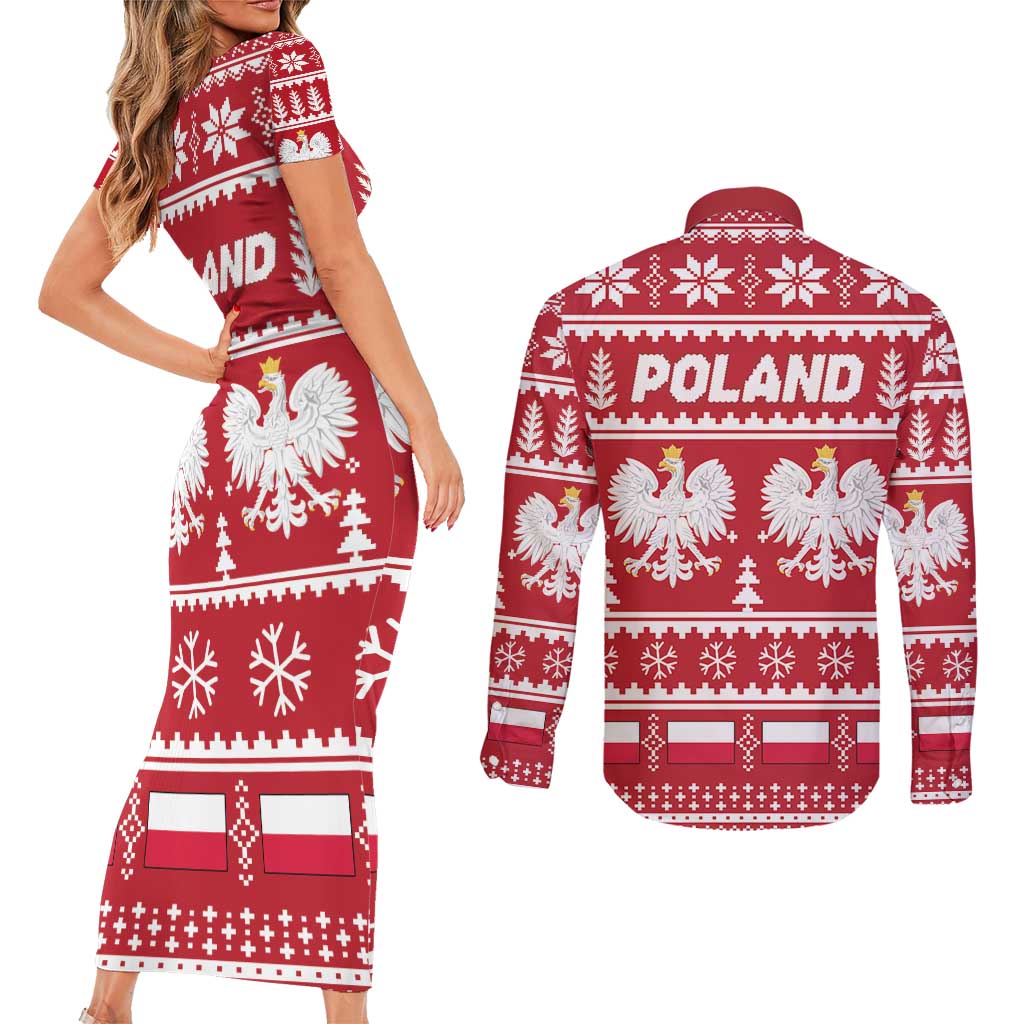 Poland Christmas Couples Matching Short Sleeve Bodycon Dress and Long Sleeve Button Shirt Emblem With Flag Style - Wonder Print Shop