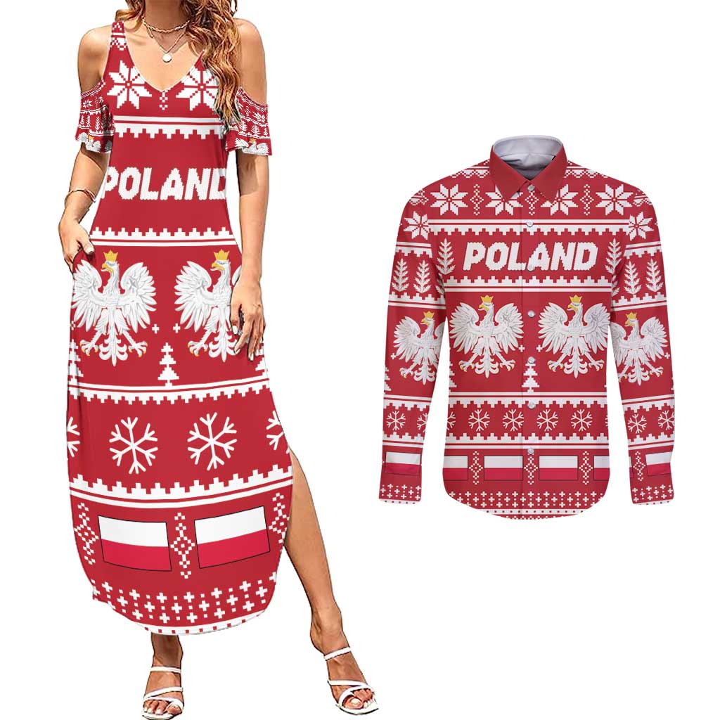 Poland Christmas Couples Matching Summer Maxi Dress and Long Sleeve Button Shirt Emblem With Flag Style - Wonder Print Shop