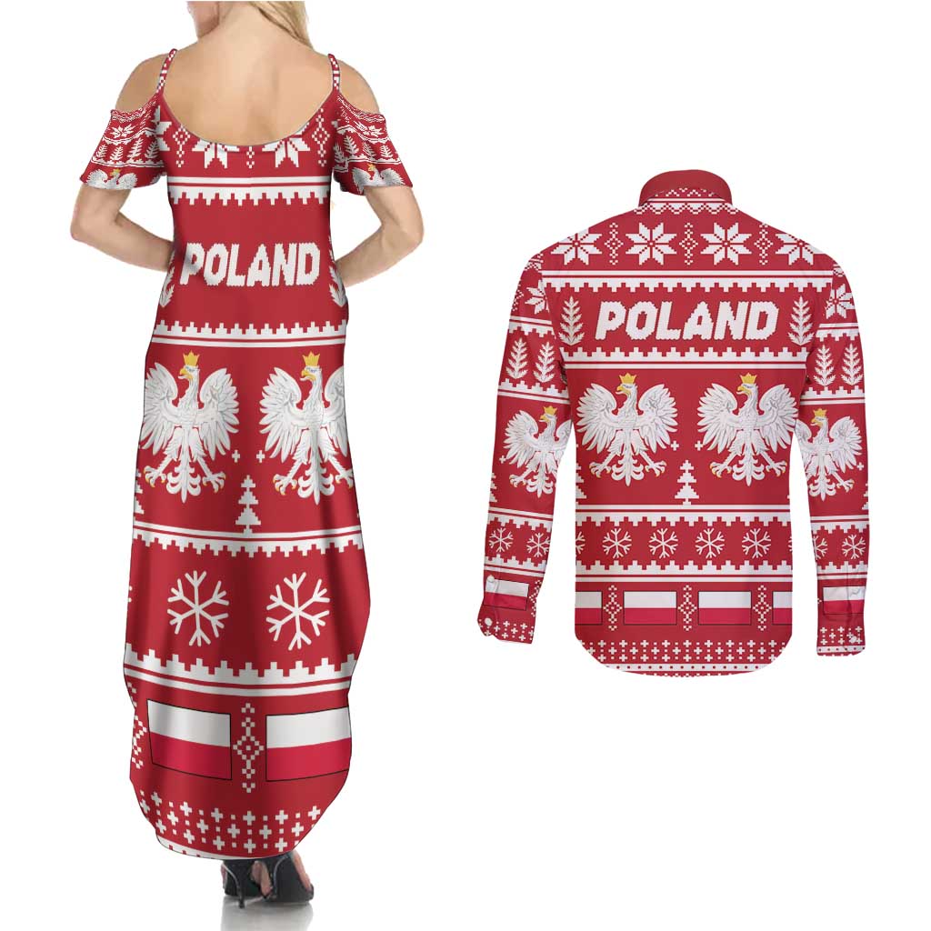 Poland Christmas Couples Matching Summer Maxi Dress and Long Sleeve Button Shirt Emblem With Flag Style - Wonder Print Shop