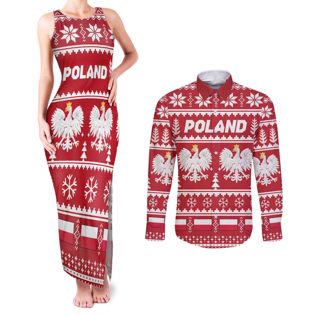Poland Christmas Couples Matching Tank Maxi Dress and Long Sleeve Button Shirt Emblem With Flag Style - Wonder Print Shop