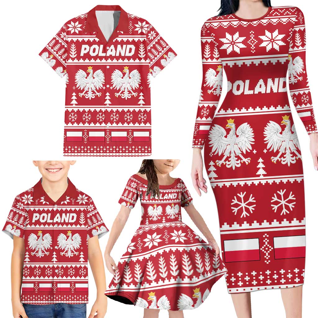 Poland Christmas Family Matching Long Sleeve Bodycon Dress and Hawaiian Shirt Emblem With Flag Style - Wonder Print Shop