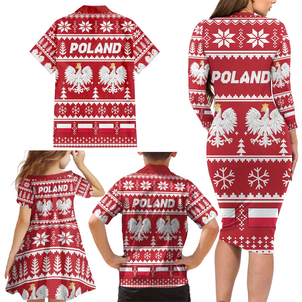 Poland Christmas Family Matching Long Sleeve Bodycon Dress and Hawaiian Shirt Emblem With Flag Style - Wonder Print Shop