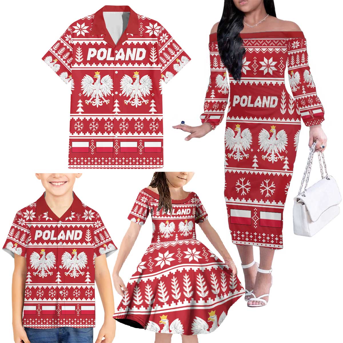 Poland Christmas Family Matching Off The Shoulder Long Sleeve Dress and Hawaiian Shirt Emblem With Flag Style - Wonder Print Shop