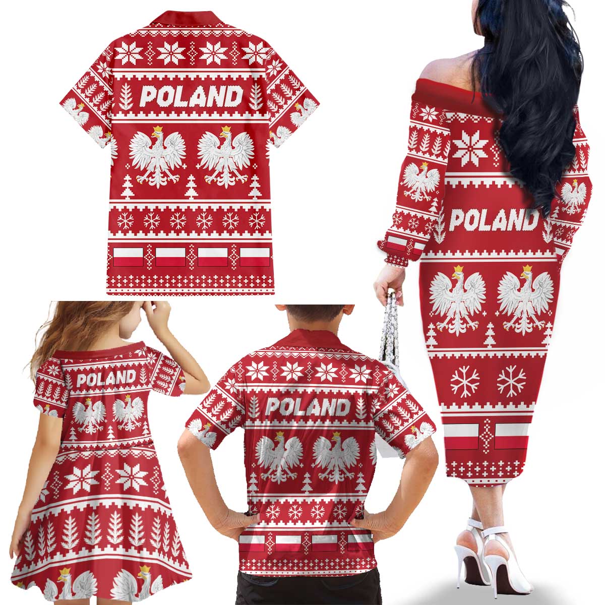 Poland Christmas Family Matching Off The Shoulder Long Sleeve Dress and Hawaiian Shirt Emblem With Flag Style - Wonder Print Shop