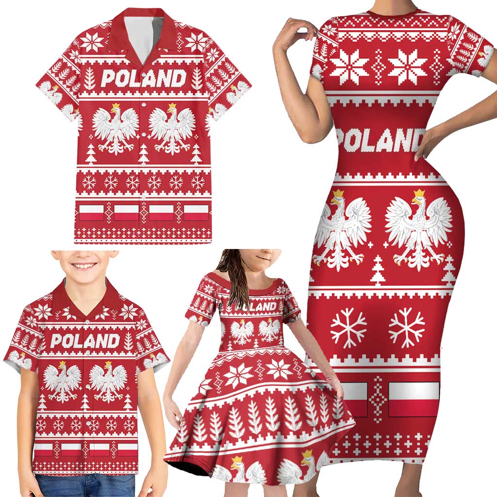 Poland Christmas Family Matching Short Sleeve Bodycon Dress and Hawaiian Shirt Emblem With Flag Style - Wonder Print Shop