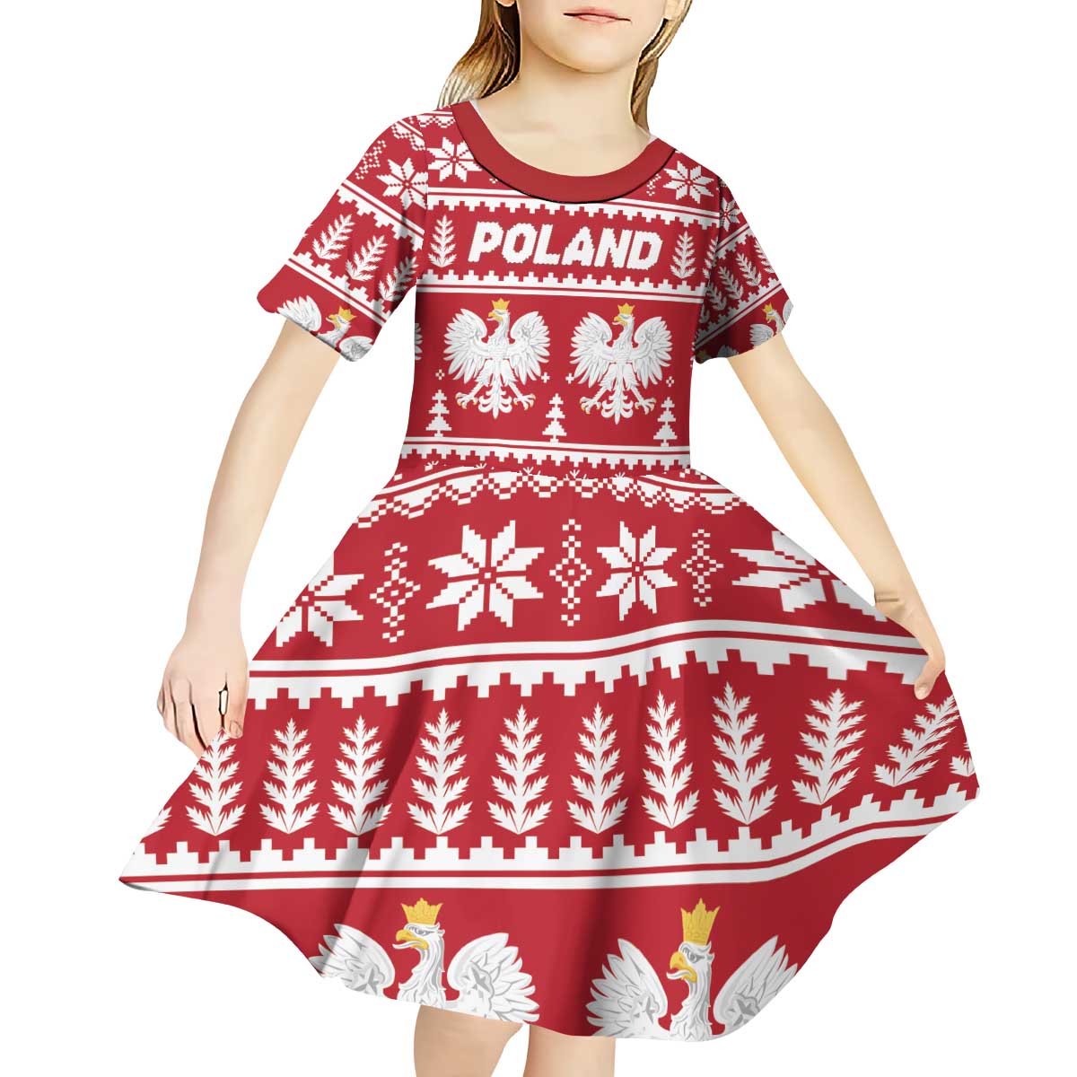 Poland Christmas Kid Short Sleeve Dress Emblem With Flag Style - Wonder Print Shop