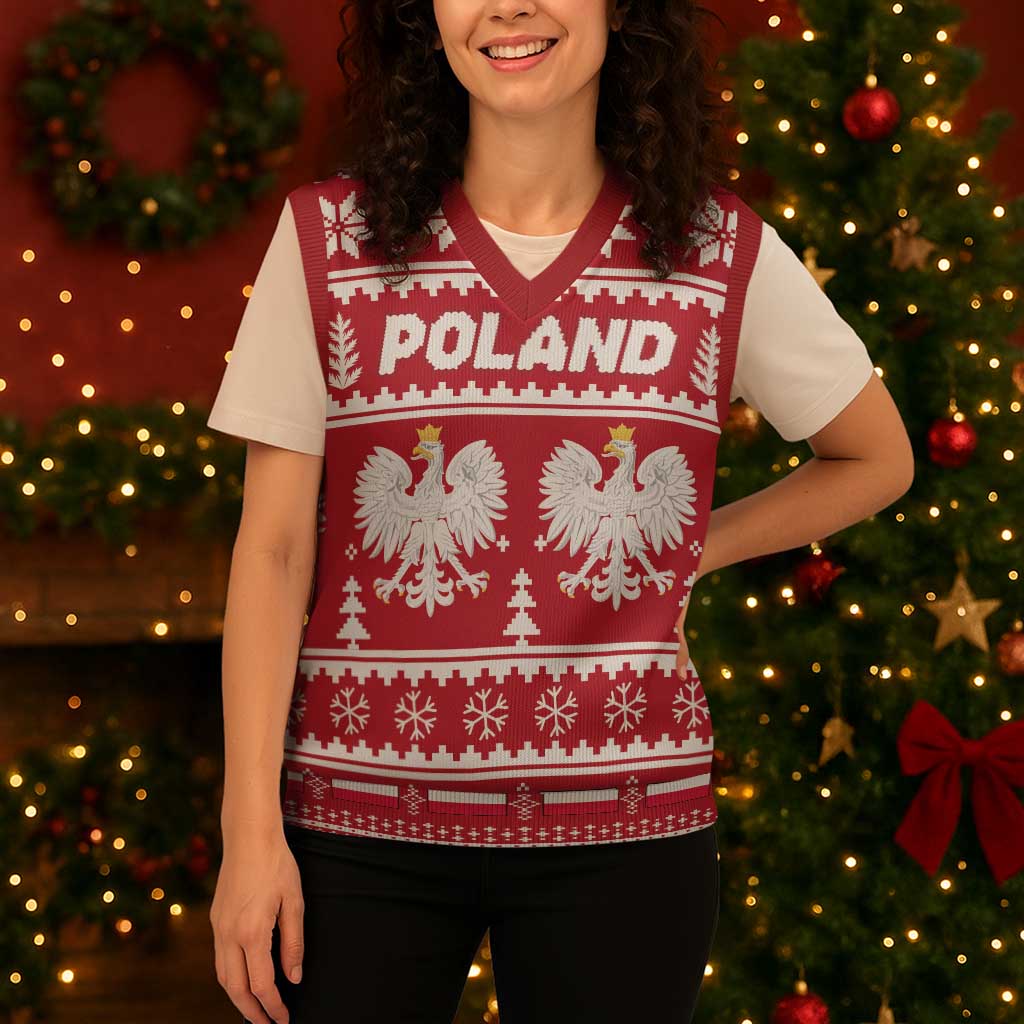 Poland Christmas Knitted V-Neck Vest Emblem With Flag Style - Wonder Print Shop