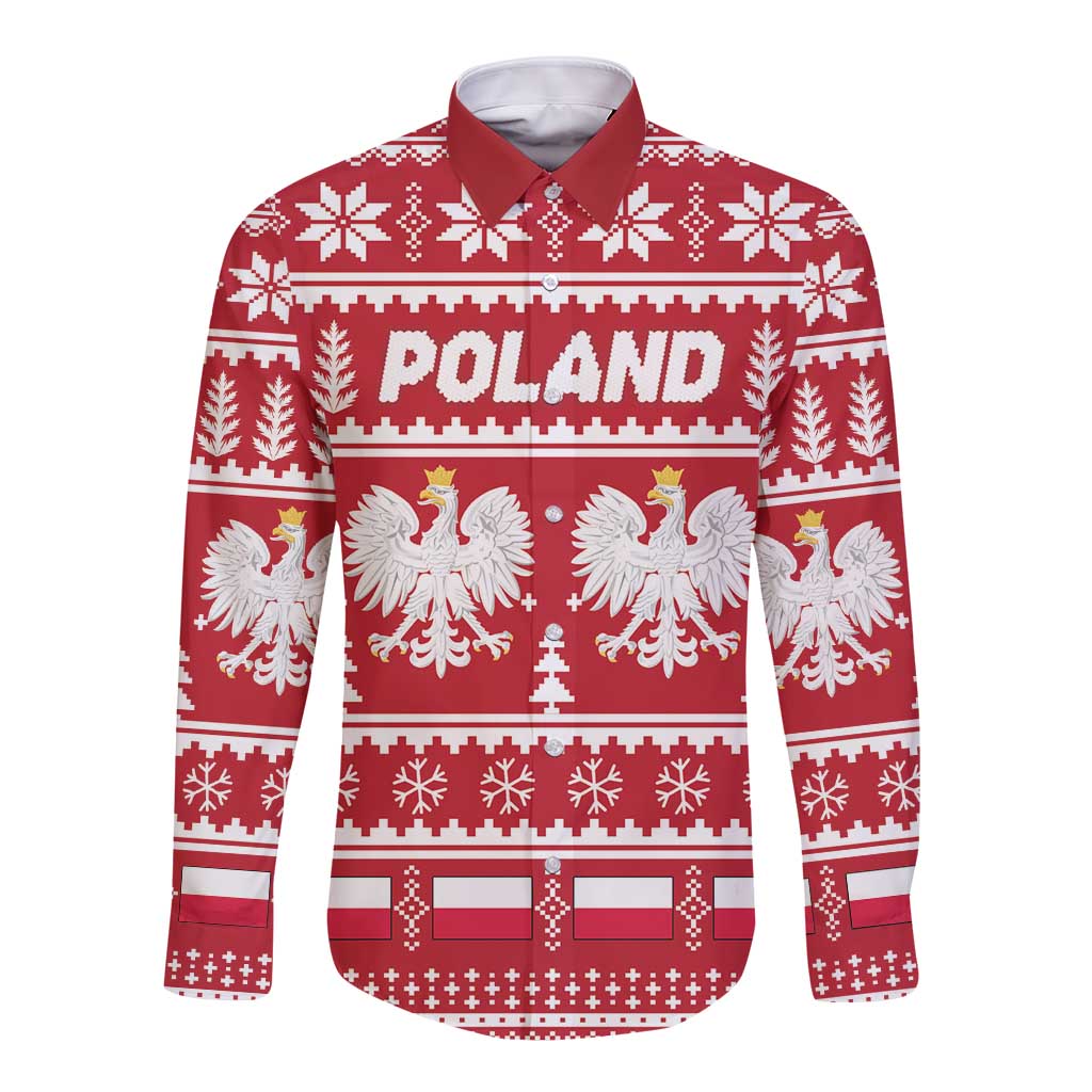 Poland Christmas Long Sleeve Button Shirt Emblem With Flag Style - Wonder Print Shop