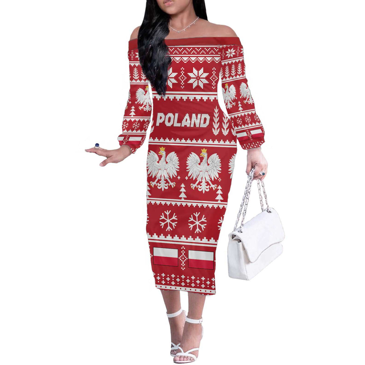 Poland Christmas Off The Shoulder Long Sleeve Dress Emblem With Flag Style - Wonder Print Shop