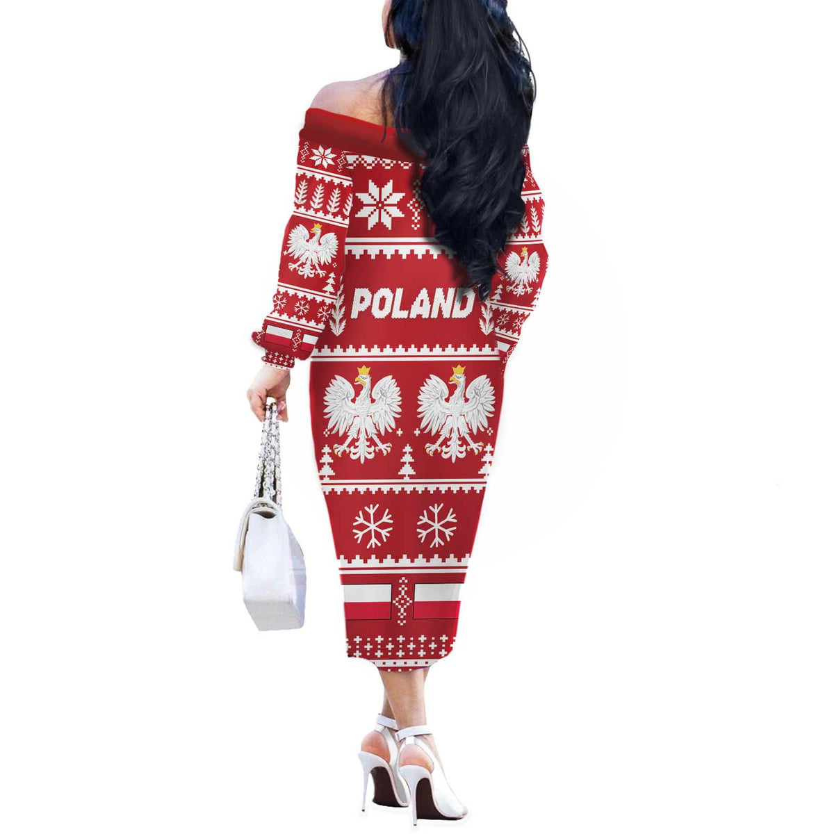 Poland Christmas Off The Shoulder Long Sleeve Dress Emblem With Flag Style - Wonder Print Shop