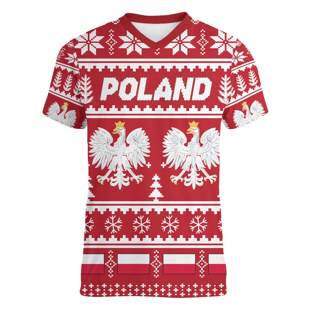 Poland Christmas Women V-Neck T-Shirt Emblem With Flag Style - Wonder Print Shop