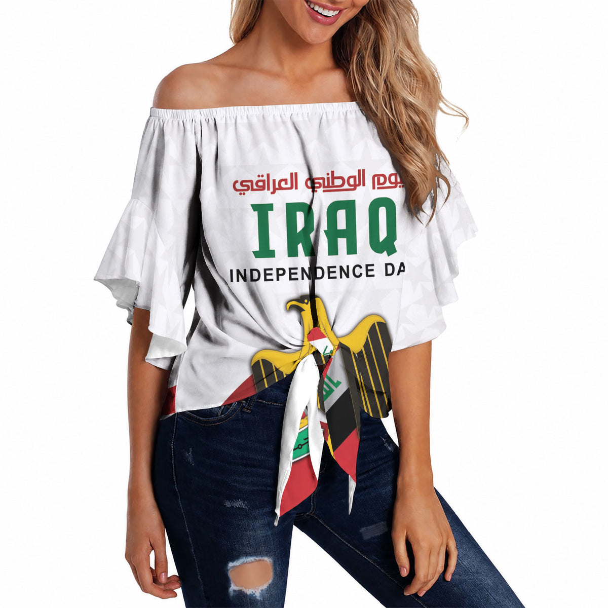 Iraq Independence Day Off Shoulder Wrap Waist Top Coat Of Arms With Flag Style