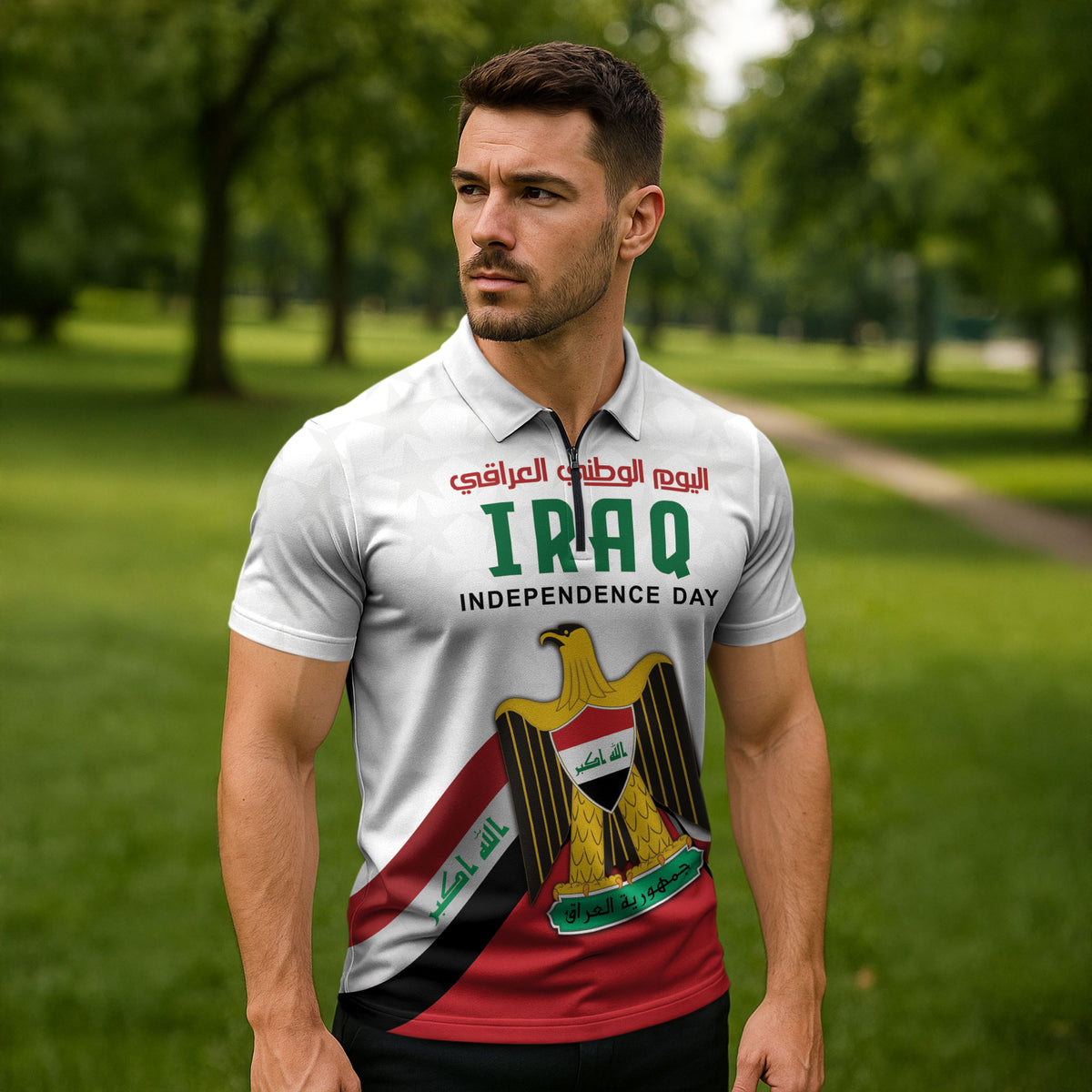 Iraq Independence Day Zipper Polo Shirt Coat Of Arms With Flag Style