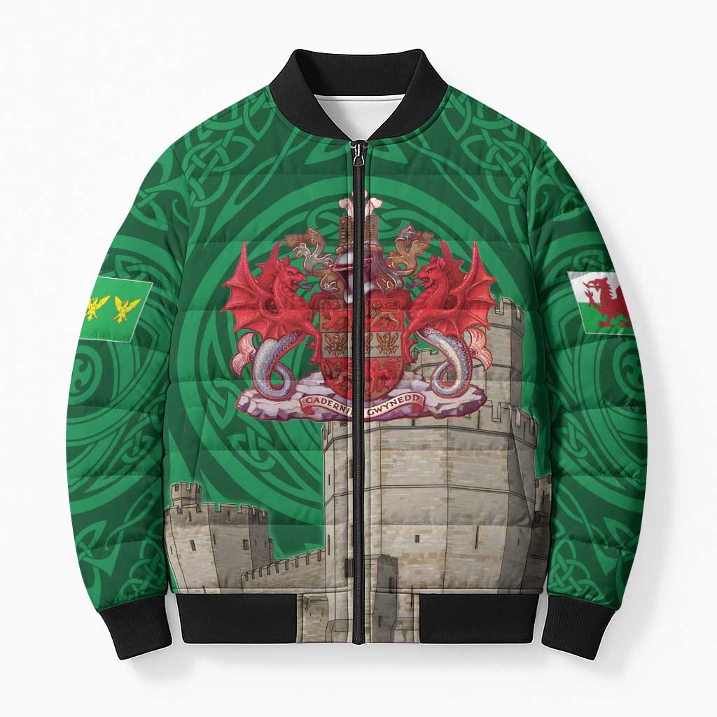 Personalized Caernarfonshire Wales Bomber Puffer Jacket Caernarfon Castle and Emblem Celtic Style - Wonder Print Shop