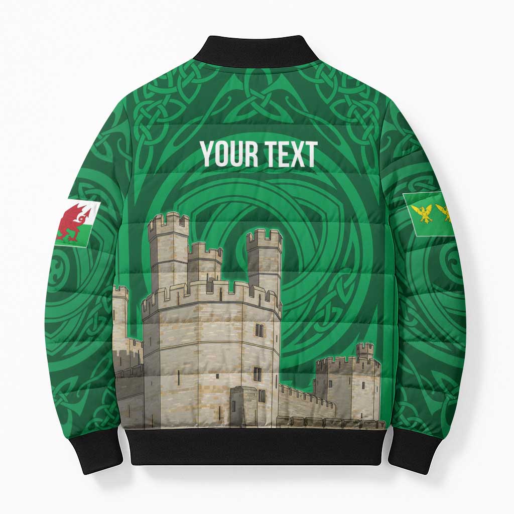 Personalized Caernarfonshire Wales Bomber Puffer Jacket Caernarfon Castle and Emblem Celtic Style - Wonder Print Shop