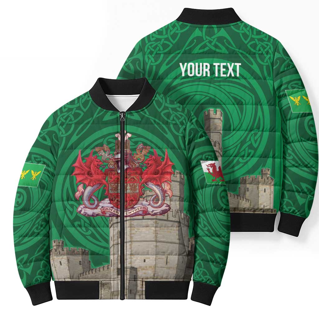 Personalized Caernarfonshire Wales Bomber Puffer Jacket Caernarfon Castle and Emblem Celtic Style - Wonder Print Shop