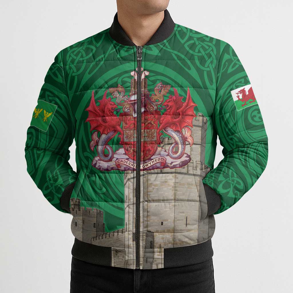 Personalized Caernarfonshire Wales Bomber Puffer Jacket Caernarfon Castle and Emblem Celtic Style - Wonder Print Shop