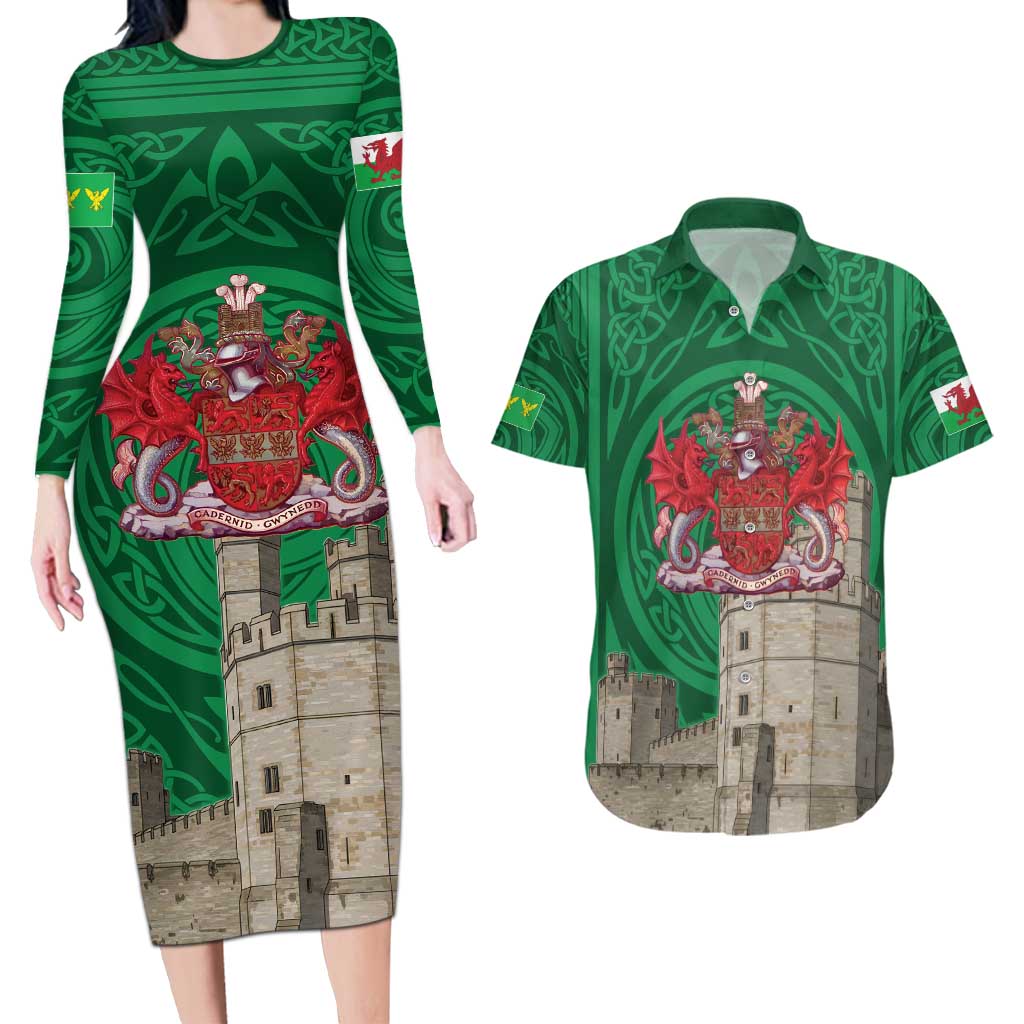 Personalized Caernarfonshire Wales Couples Matching Long Sleeve Bodycon Dress and Hawaiian Shirt Caernarfon Castle and Emblem Celtic Style - Wonder Print Shop